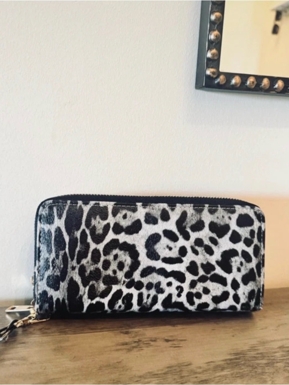 Leopard Print Zip-Around Wallet Wristlet in Black & White